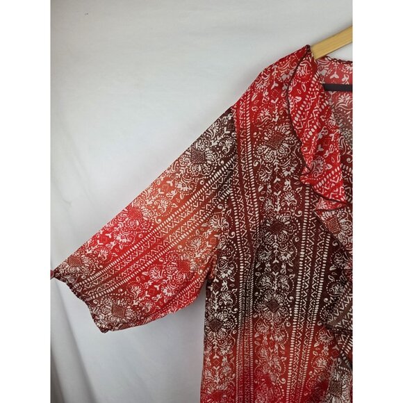 Catherines Women's Top Plus Size 3X Orange Sheer 3/4 Sleeve Ruffle Shirt Blouse - Picture 6 of 10